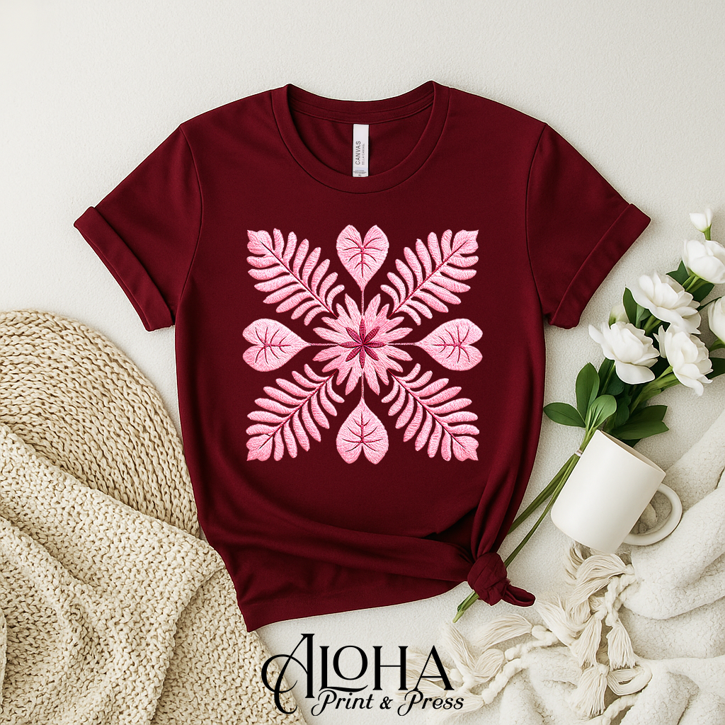 Blush pink quilt inspired Hawaiian floral mandala on maroon shirt – Oahu printed apparel