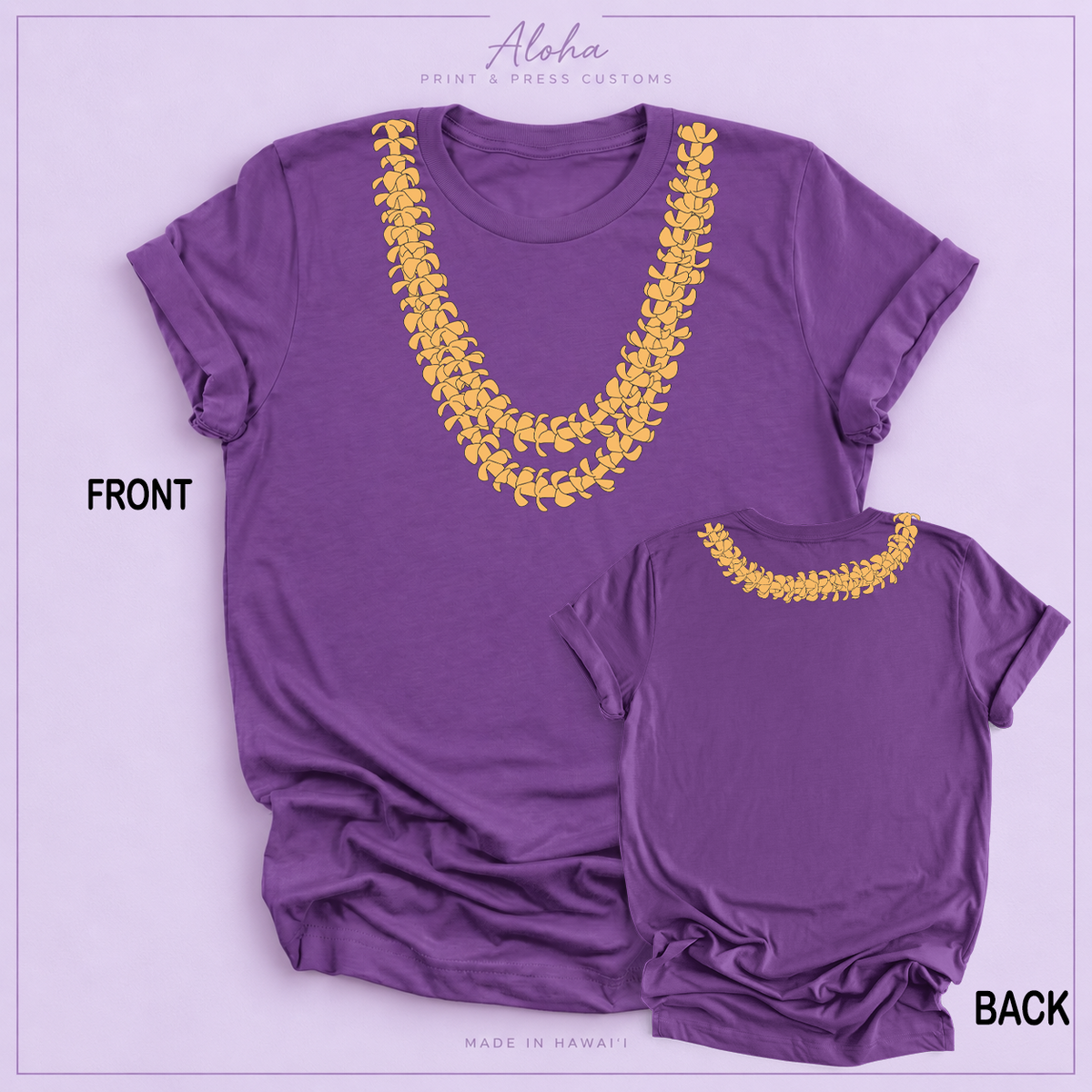 Double Puakenikeni golden-yellow lei artwork on front and upper back of purple shirt