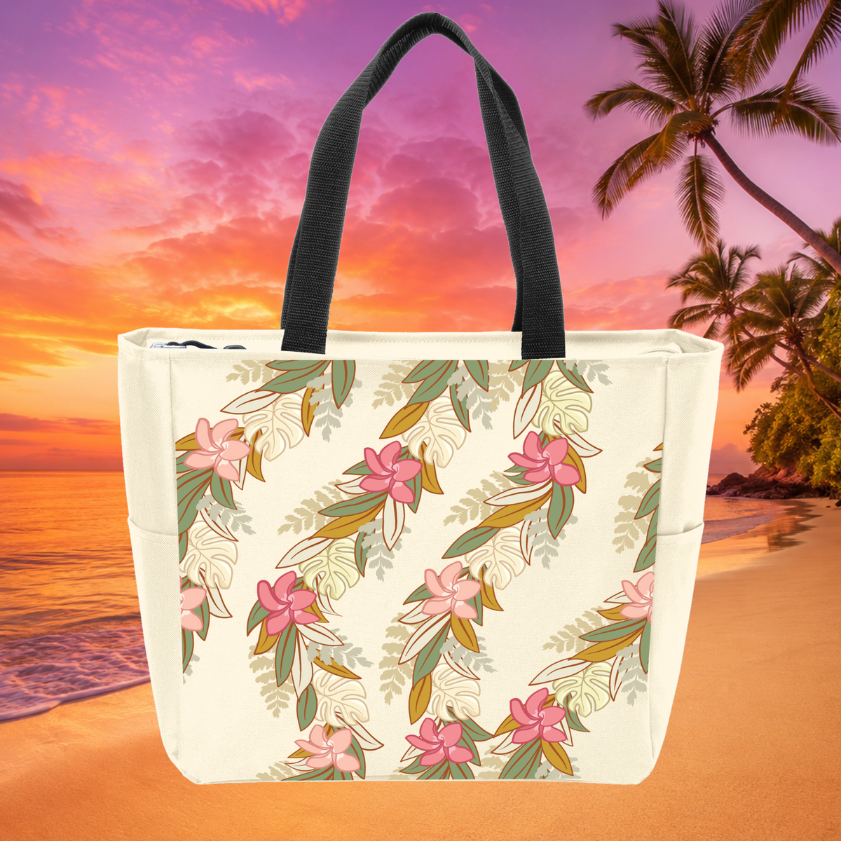 Hawaiian tropical floral zippered tote bag in stone