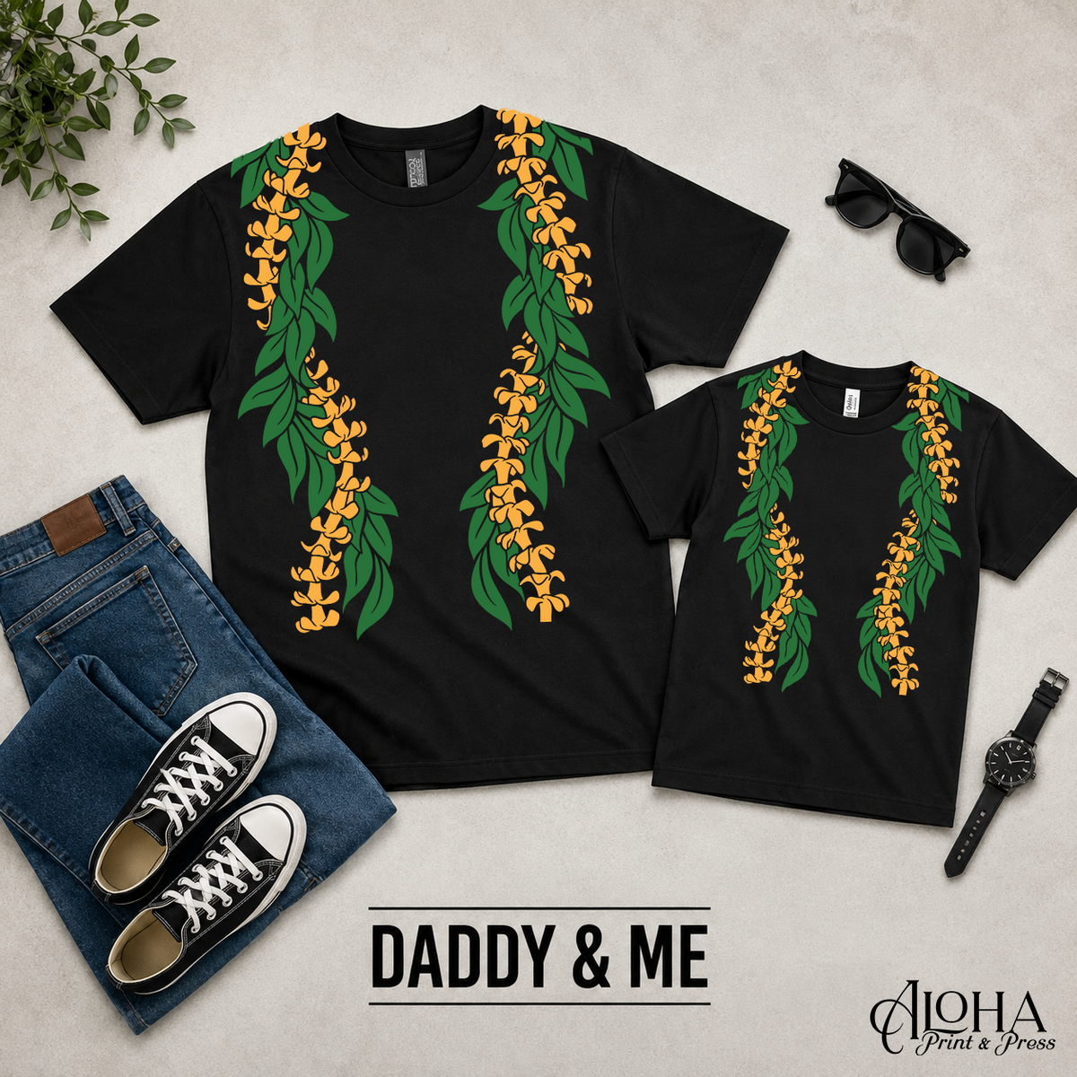 Maile Puakenikeni Daddy and Me matching lei shirts in black