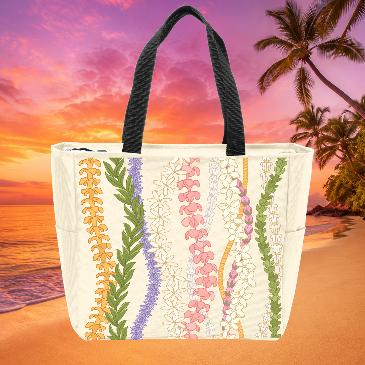 Multi-Strand Hawaiian Lei zippered tote bag in stone