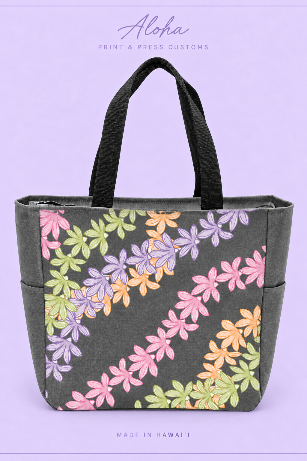 Naupaka Hawaiian zippered tote bag in charcoal