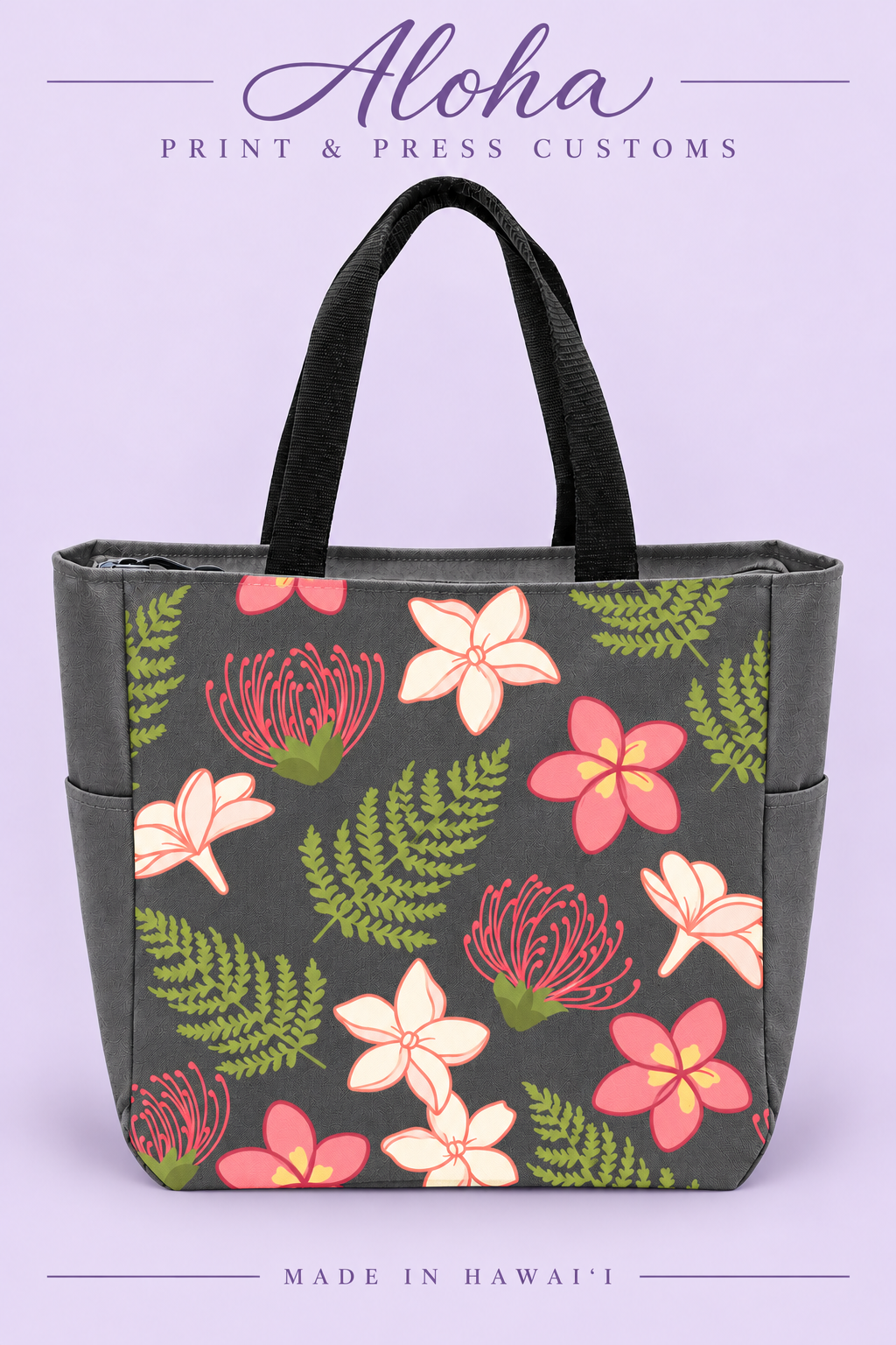 ʻŌhiʻa, Plumeria, Palapalai & Pikake Hawaiian zippered tote bag in charcoal