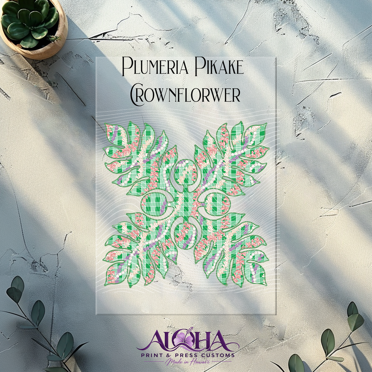 Plumeria, Pikake, Crown Flower Palaka Quilt design in green