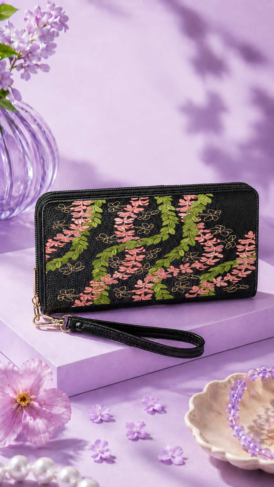Black floral lei wristlet wallet with zip-around closure