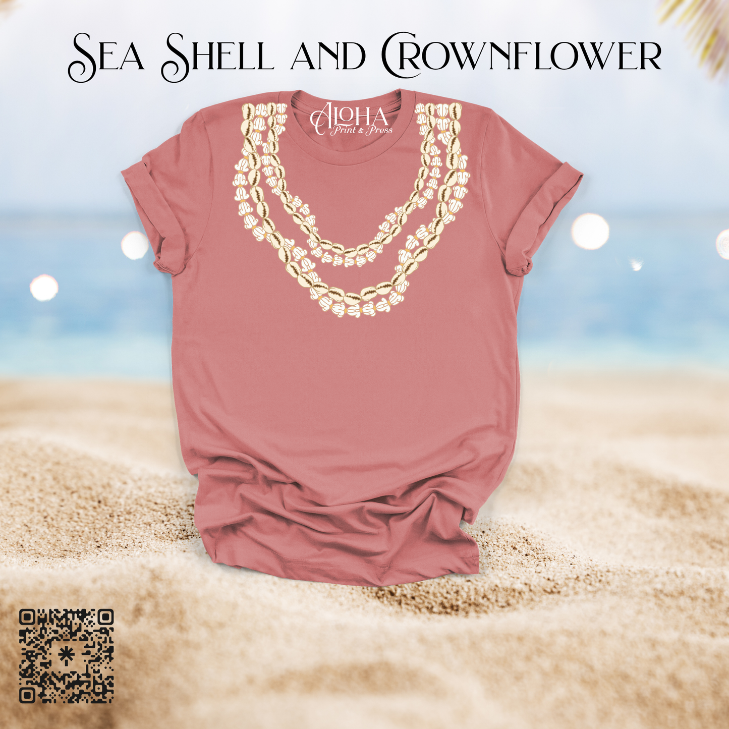 Seashell and crownflower lei design Hawaiian t-shirt pink Aloha Print and Press