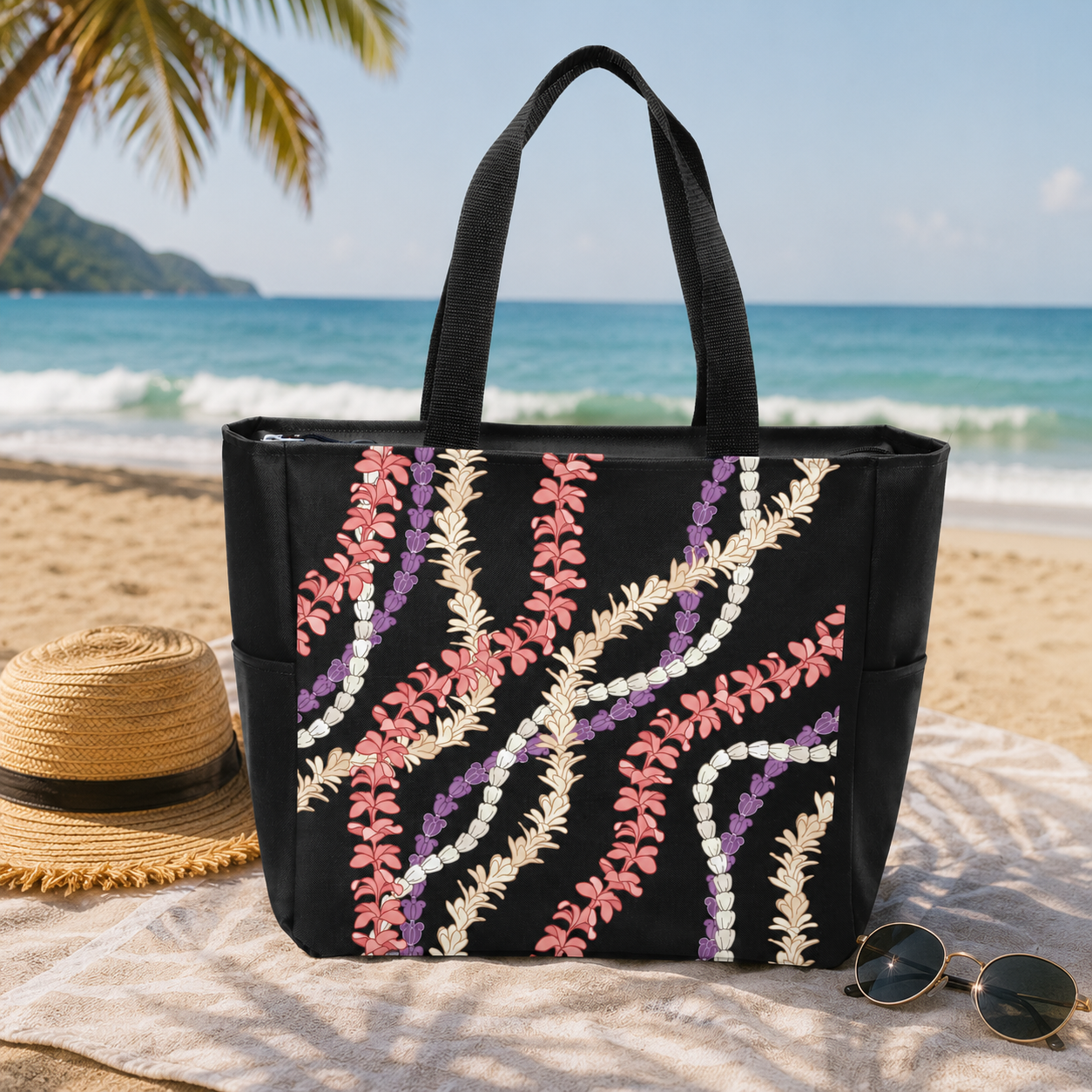 Black tote bag with pink and purple Hawaiian lei design displayed on a tropical beach