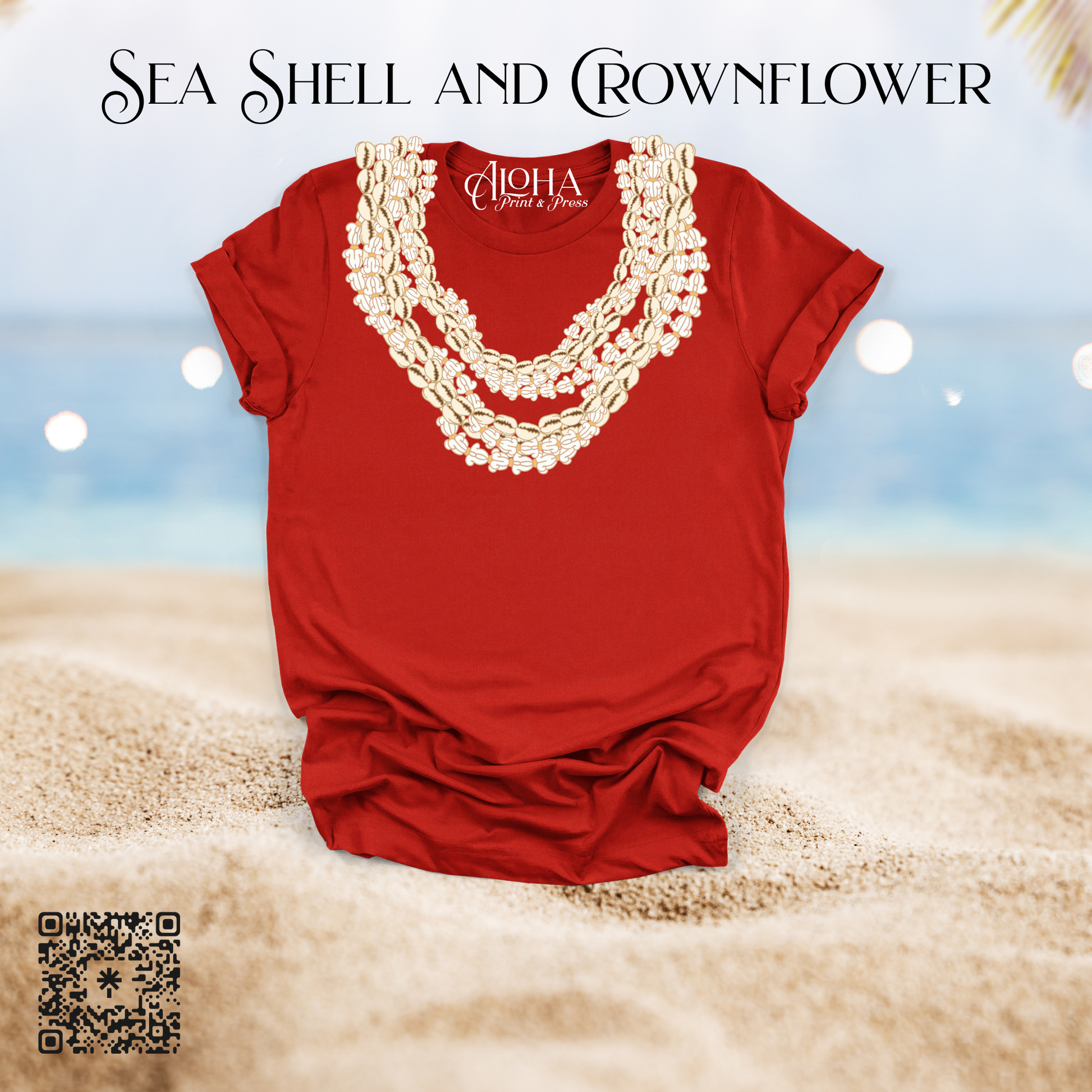 Cowrie shell lei Hawaiian shirt red crownflower inspired design