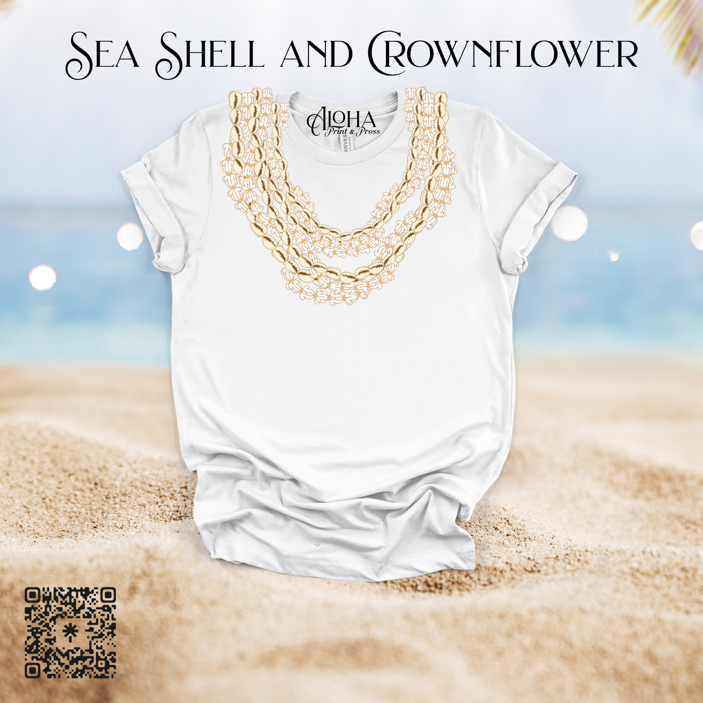 White seashell lei Hawaiian t-shirt crownflower design beach style