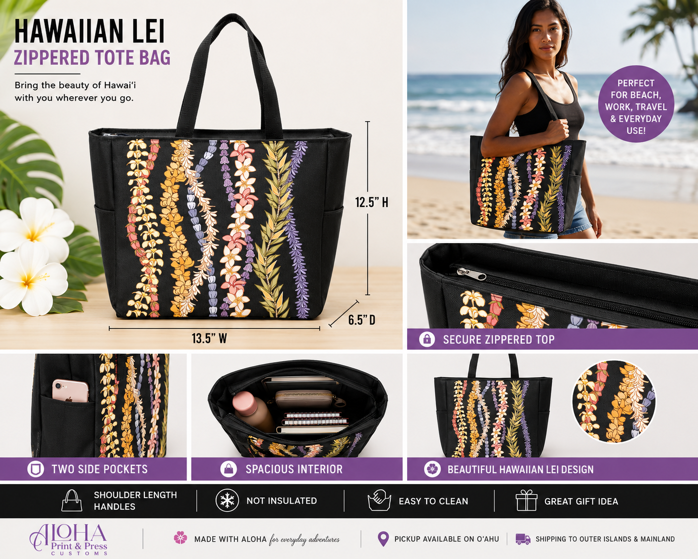 Black Hawaiian lei zippered tote bag with side pockets, spacious interior and 13.5 by 12.5 inch dimensions