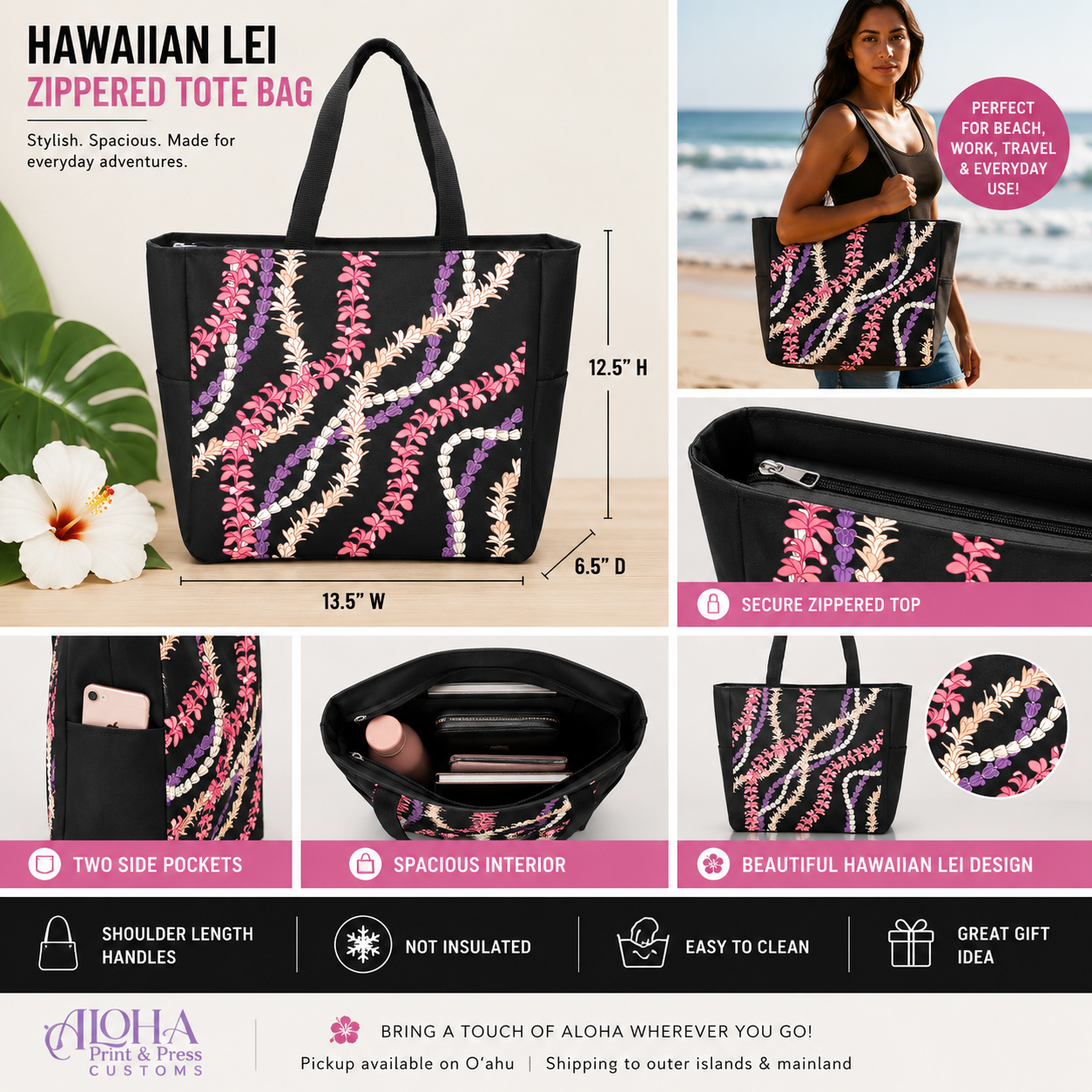 Pink Hawaiian lei zippered tote bag with side pockets, spacious interior and shoulder-length handles