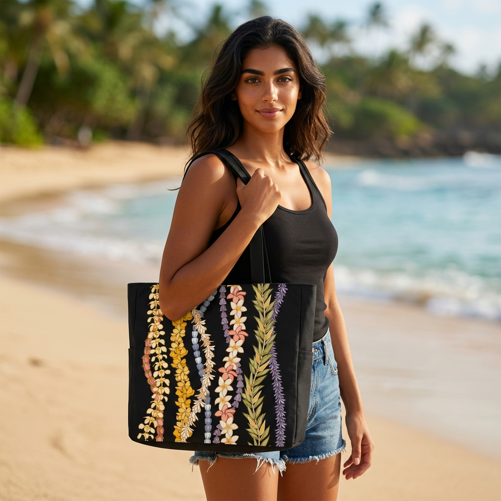 Woman carrying a black Hawaiian lei zippered tote bag with colorful floral print at the beach