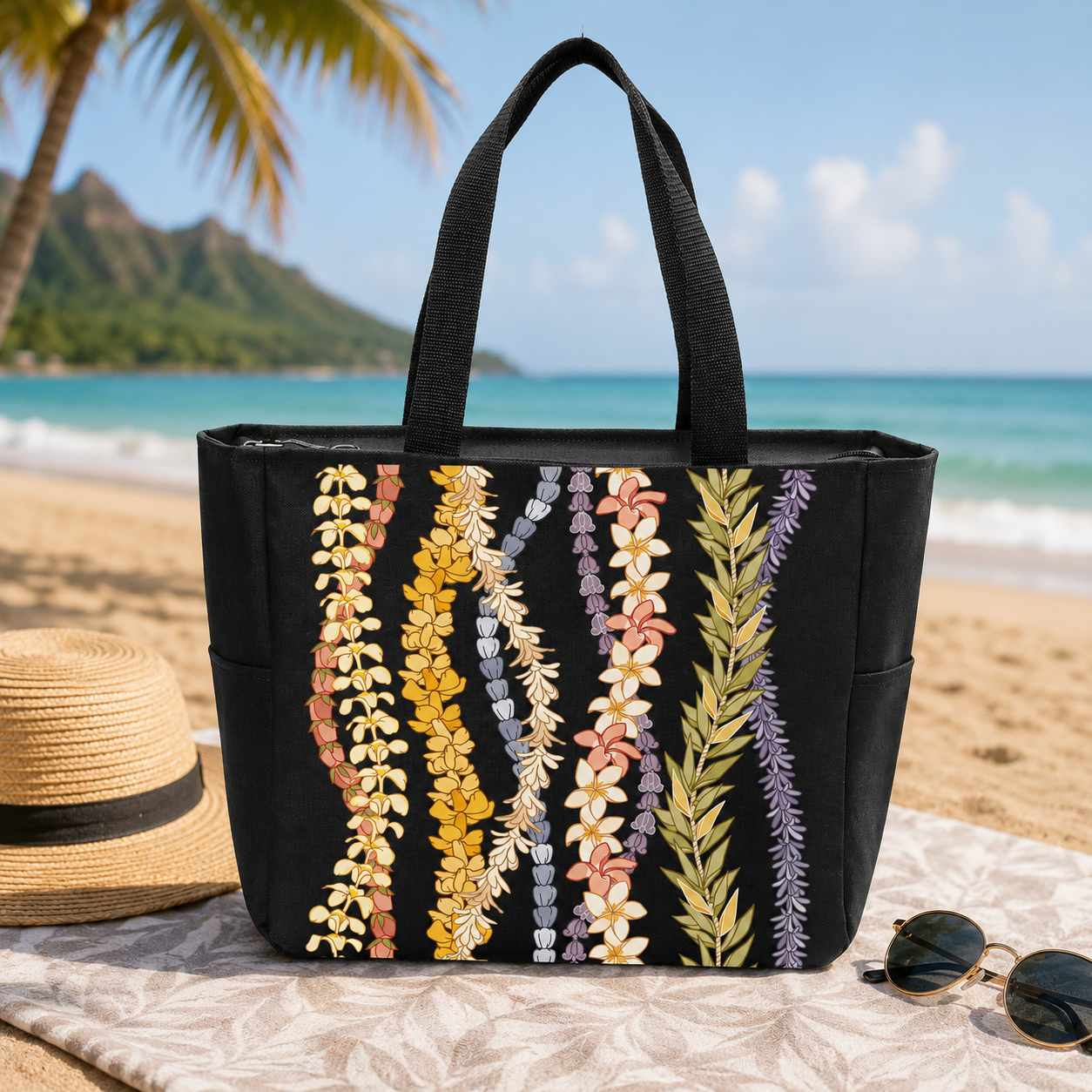 Black Hawaiian lei tote bag with colorful floral design displayed on a tropical beach in Hawaiʻi