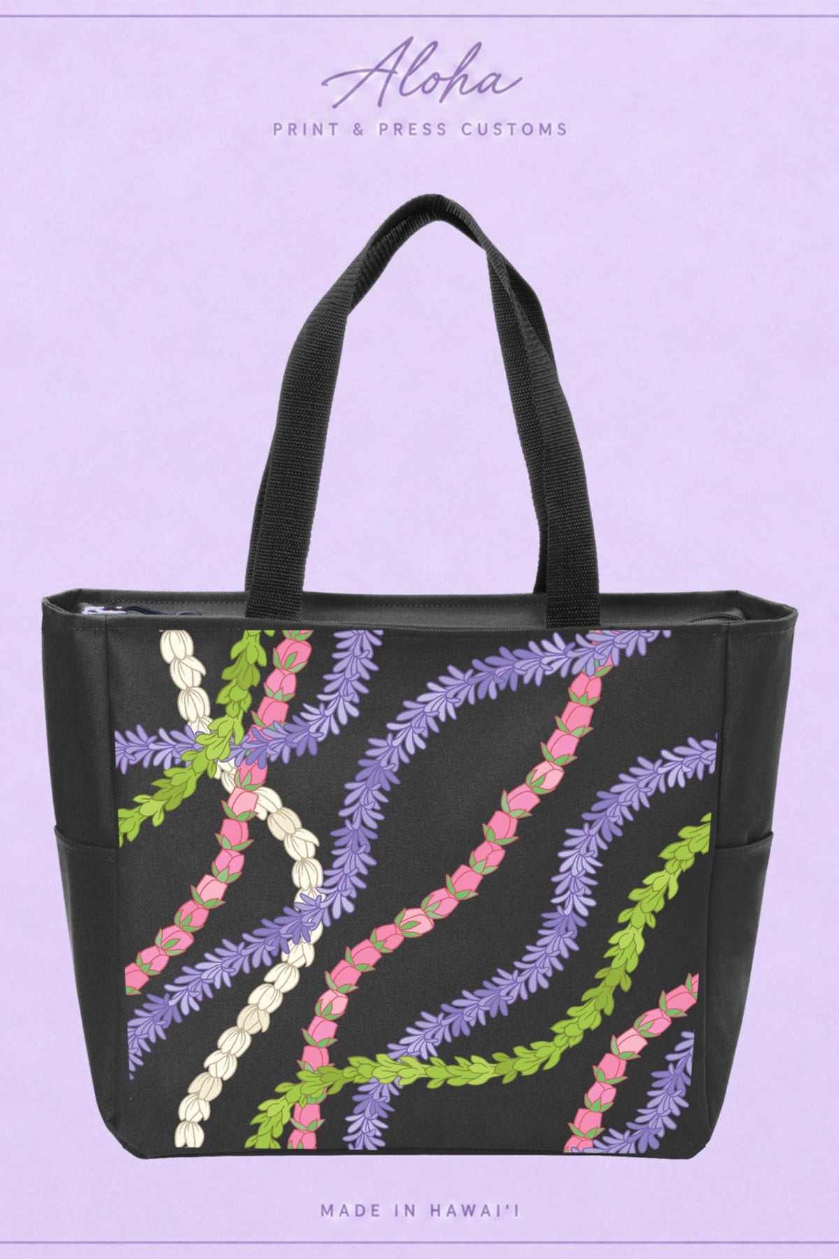Black Hawaiian lei tote bag with agapanthus, lokelani, pikake and pakalana floral design