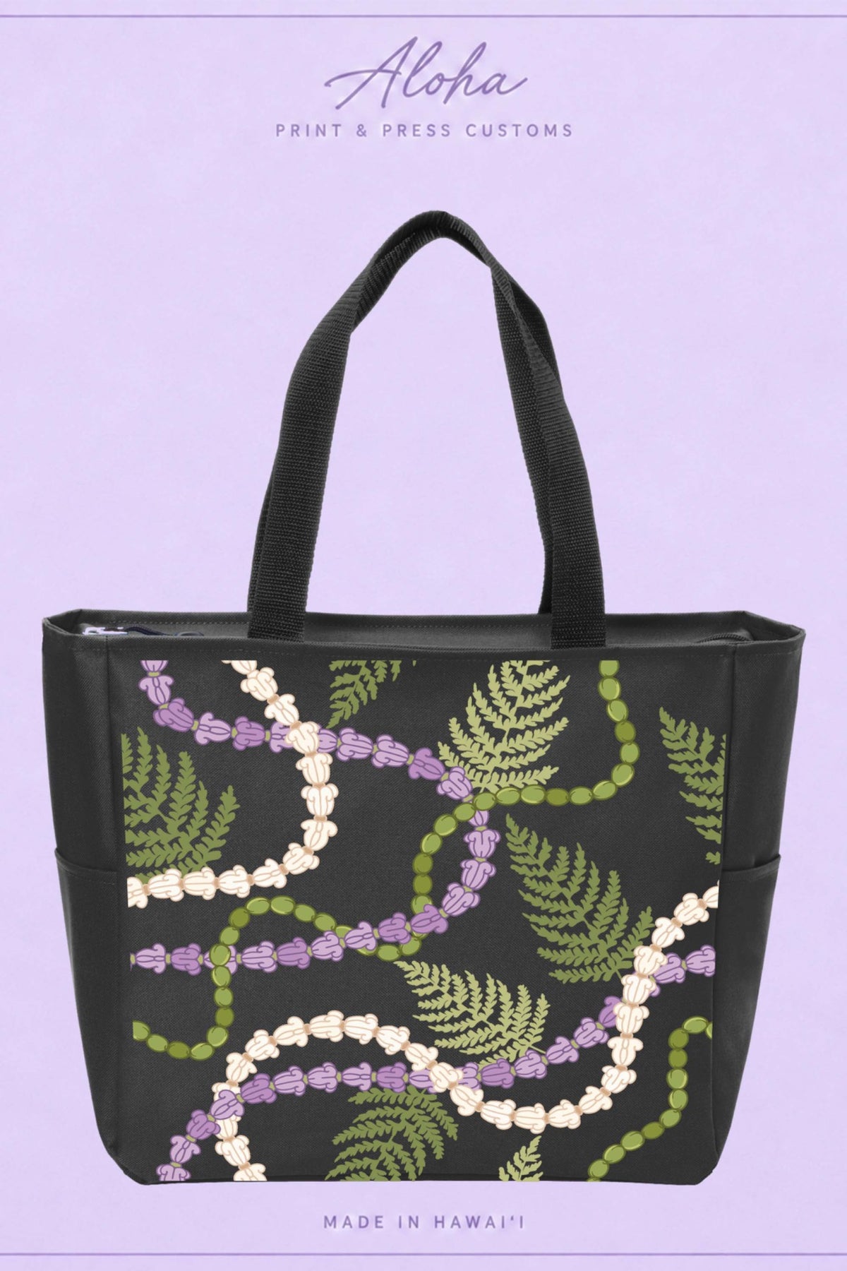 Black Hawaiian lei tote with cornflower, mokihana, and palapalai design
