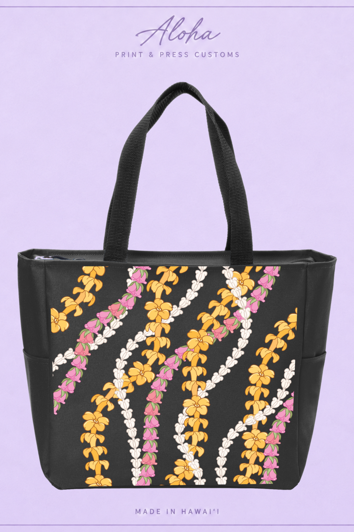 Black tote bag with Puakenikeni, Lokelani, and Crownflower lei print