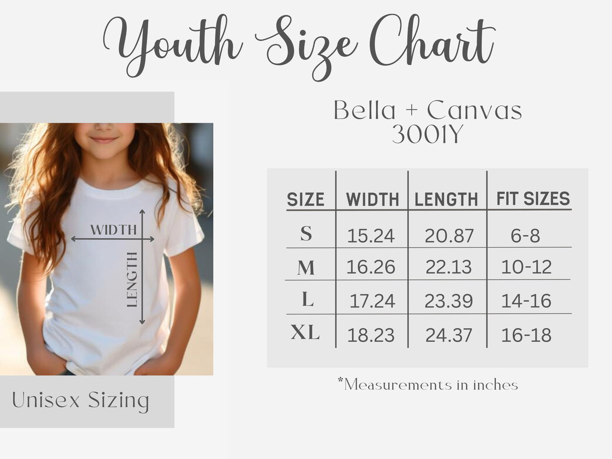 Bella+Canvas youth T-shirt size chart for Mommy & Mini matching shirt sets