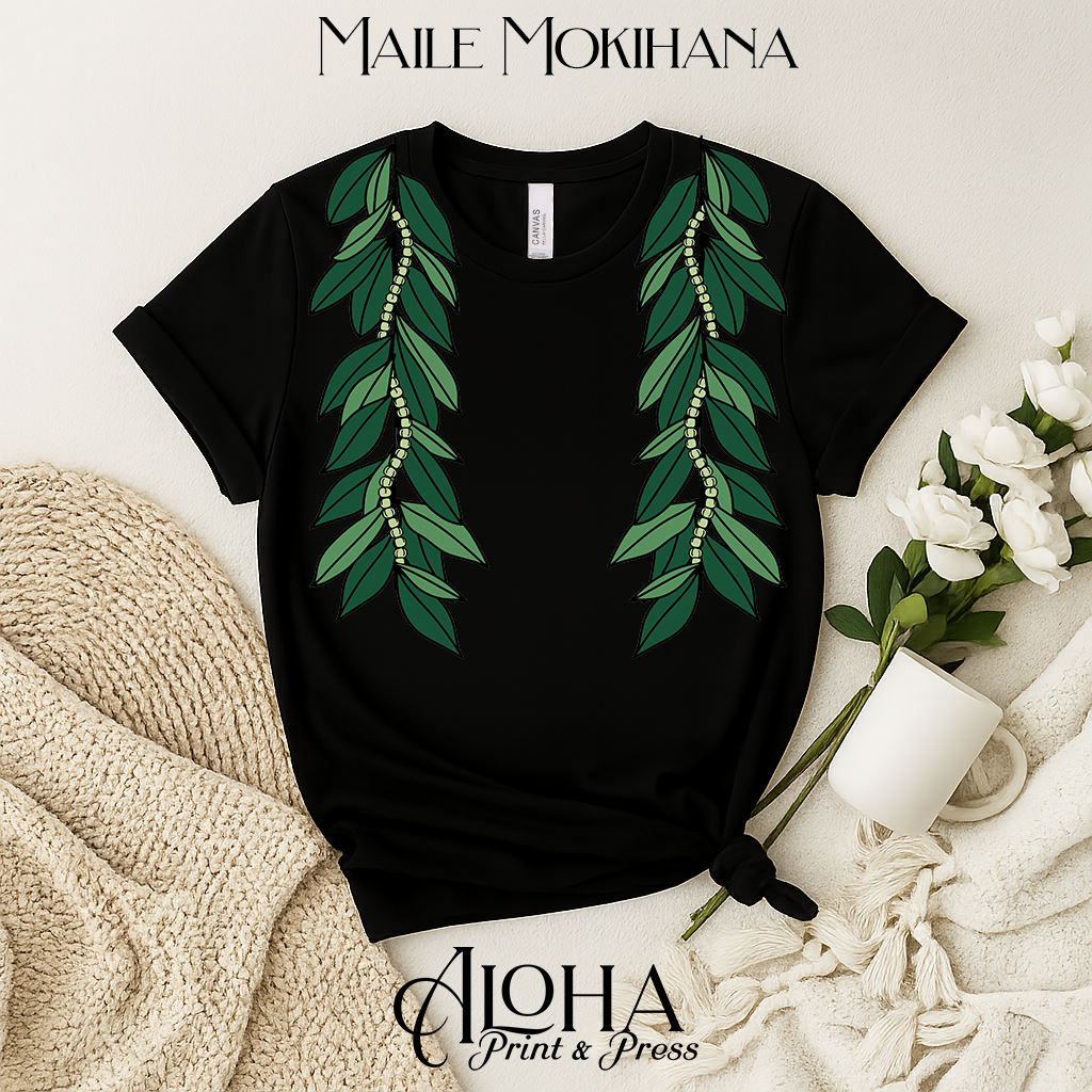 Black Hawaiian Maile Mokihana lei shirt island inspired Hawaiian clothing