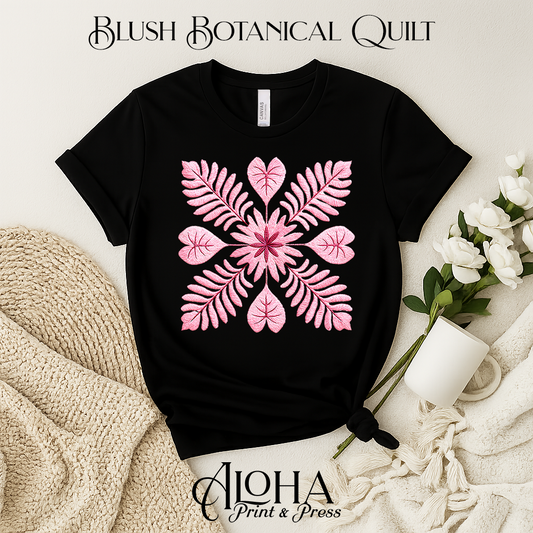 Blush botanical quilt floral mandala design on black shirt – Hawaiian inspired tee by Aloha Print & Press