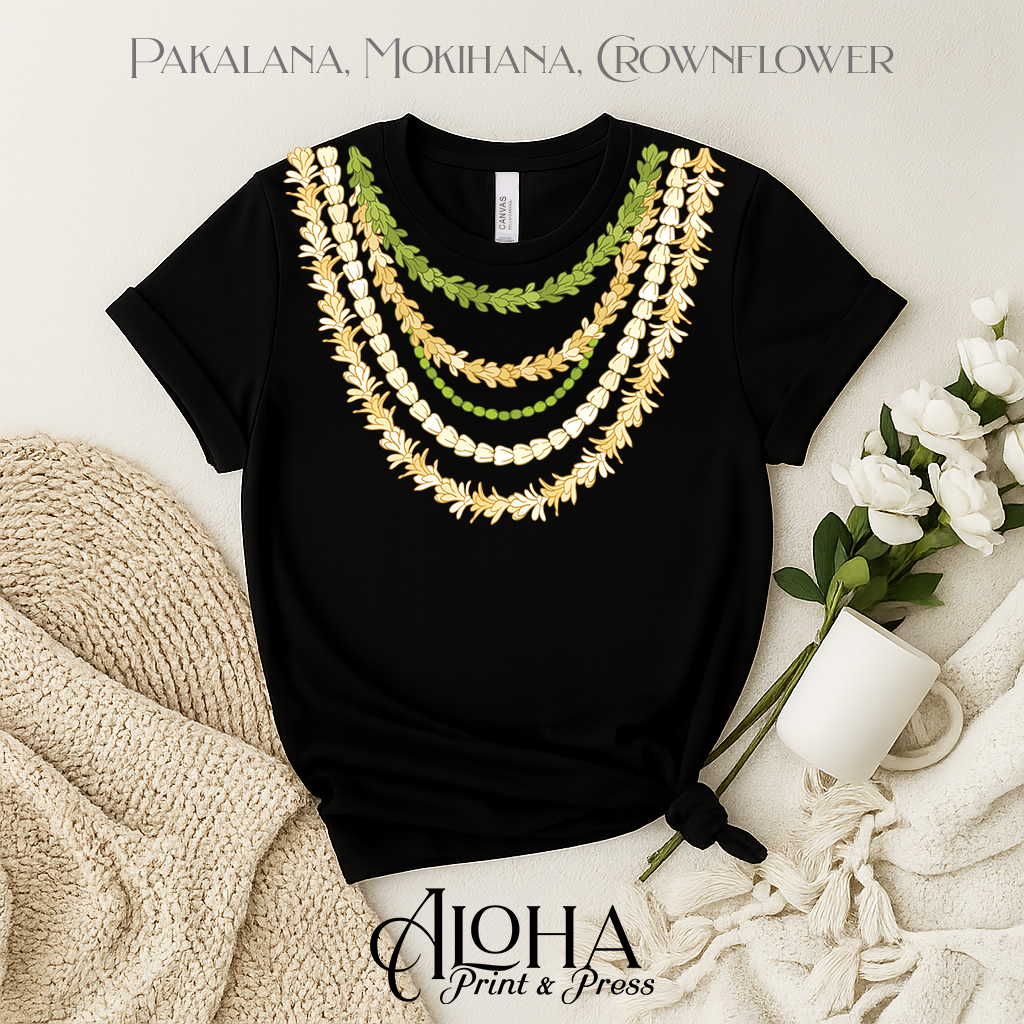 Black Hawaiian lei graduation shirt featuring Pakalana Mokihana and Crownflower layered necklace design