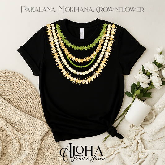 Black Hawaiian lei graduation shirt featuring Pakalana Mokihana and Crownflower layered necklace design