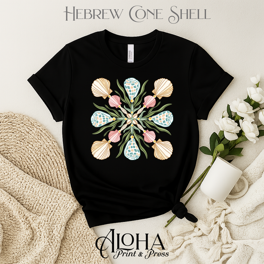 Black Hebrew cone shell mandala t-shirt with island quilt block ocean shell design