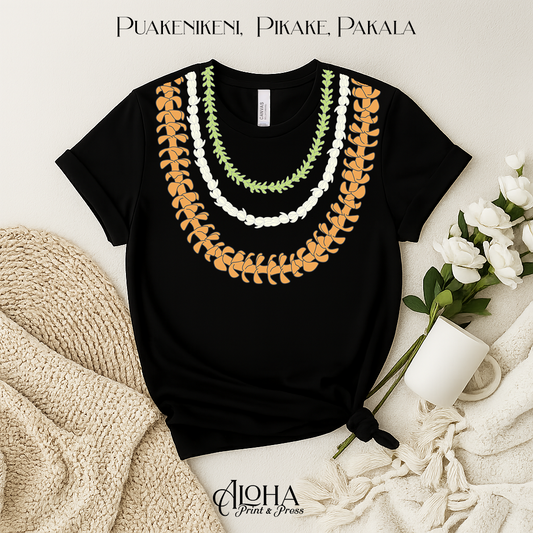 Puakenikeni • Pikake • Pakalana Lei Tee – Triple Floral Necklace Shirt