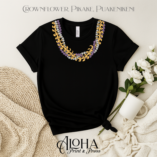Black Hawaiian lei necklace shirt featuring Crownflower Pikake and Puakenikeni floral design