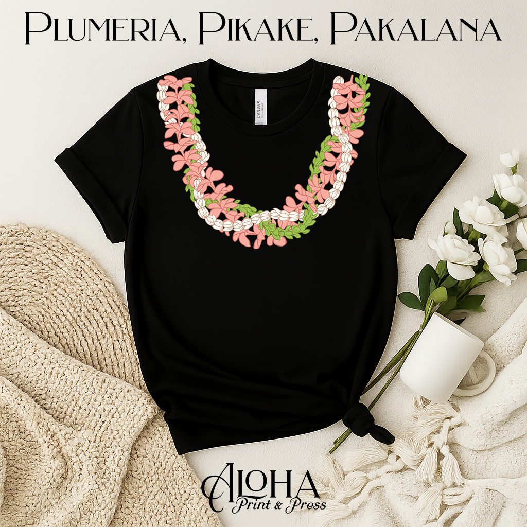 Black Hawaiian plumeria and pikake lei shirt