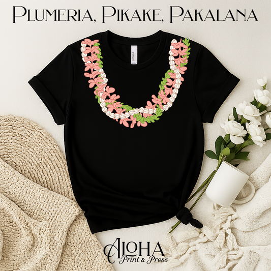 Black Hawaiian plumeria and pikake lei shirt