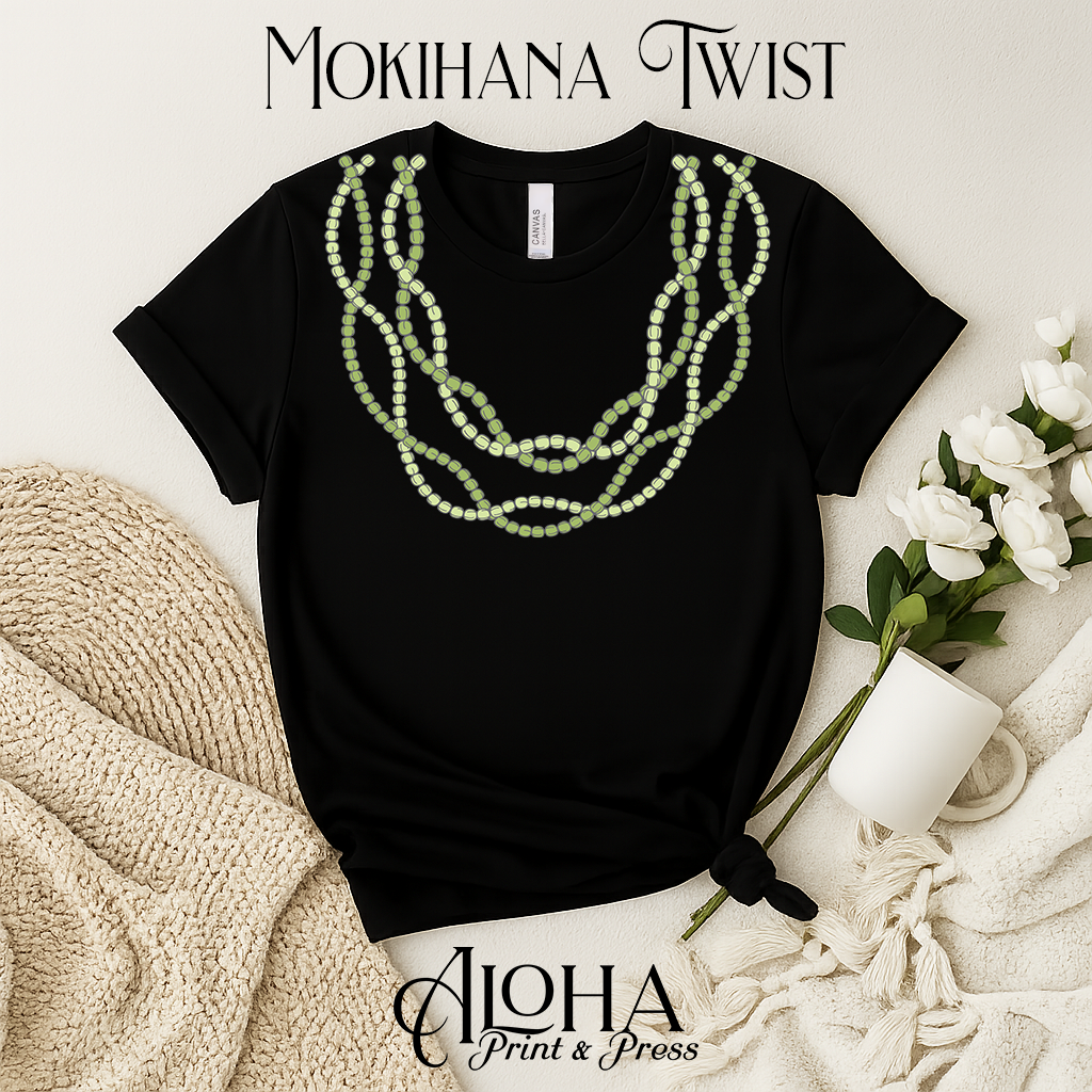 Mokihana twist lei Hawaiian shirt black aloha print and press design