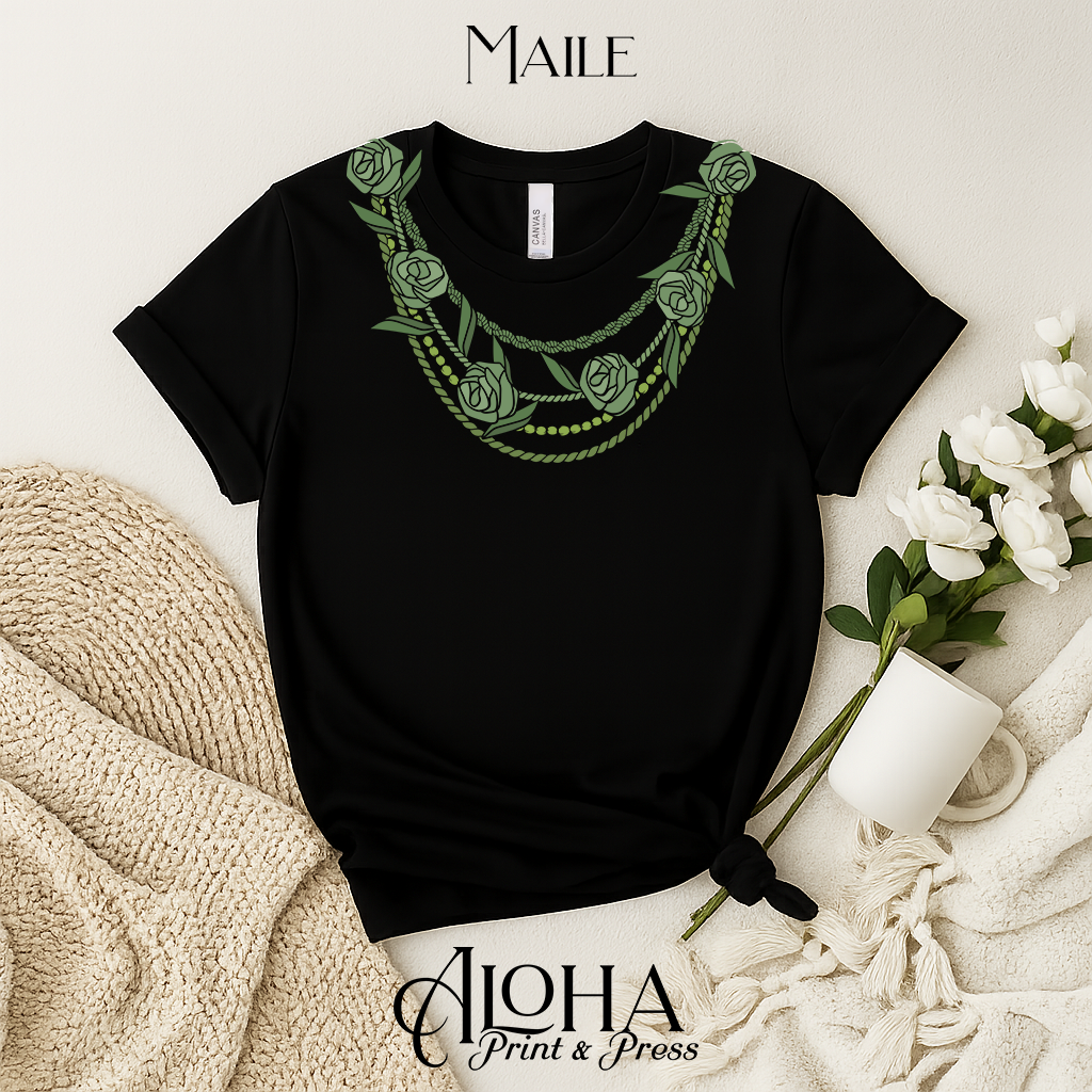 Maile lei necklace Hawaiian lei graphic tee black island inspired shirt