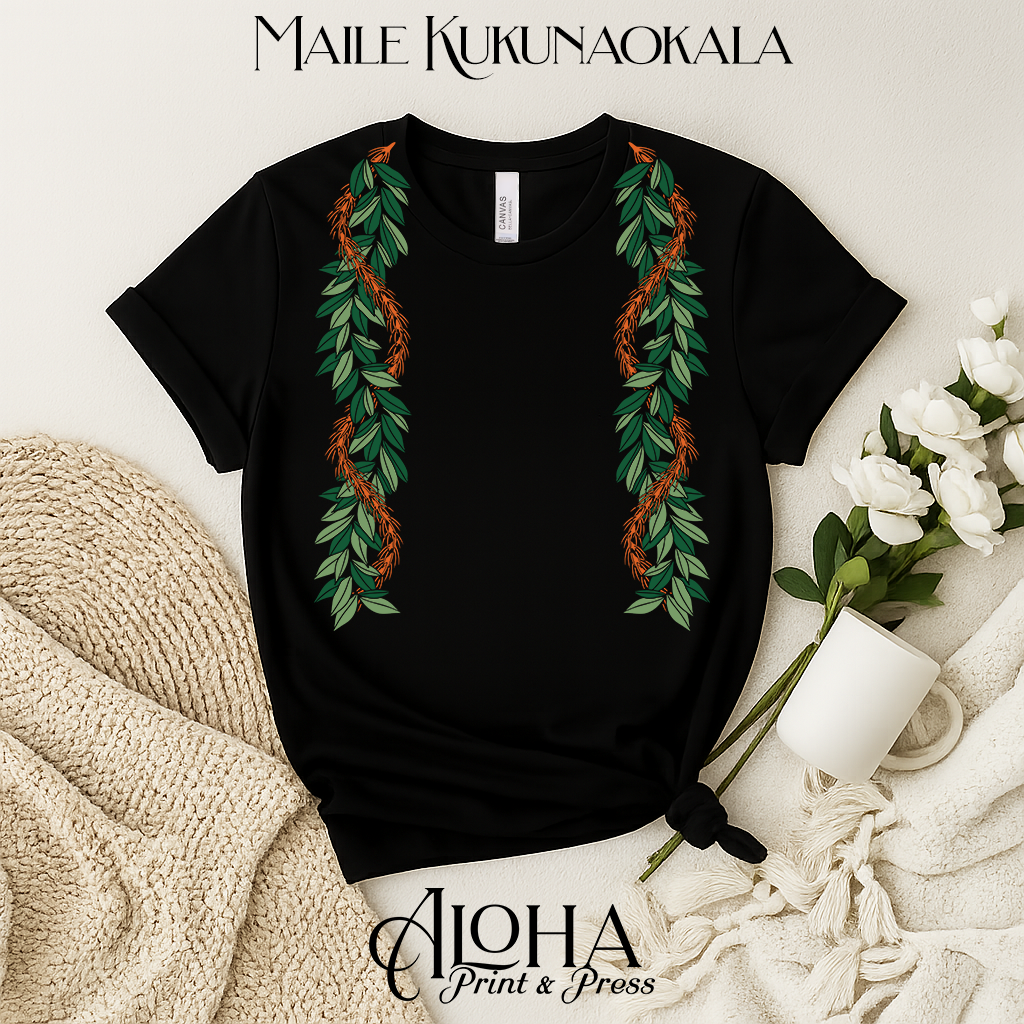 Black Hawaiian maile lei shirt traditional island inspired aloha apparel by Aloha Print & Press