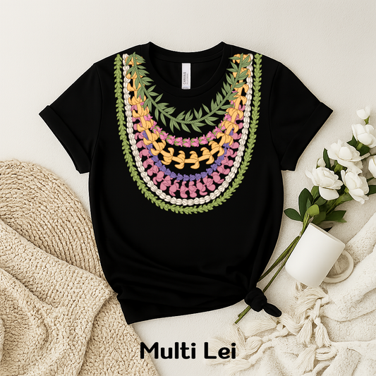 Multi-Strand Hawaiian Lei Style T-Shirt – Puakenikeni, Lokelani, Pikake & Ti Leaf Design