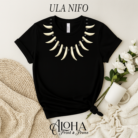 ULA NIFO tooth necklace shirt black Polynesian inspired graphic tee Hawaii