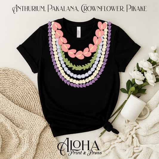 black hawaiian lei t shirt floral necklace design anthurium pakalana pikake