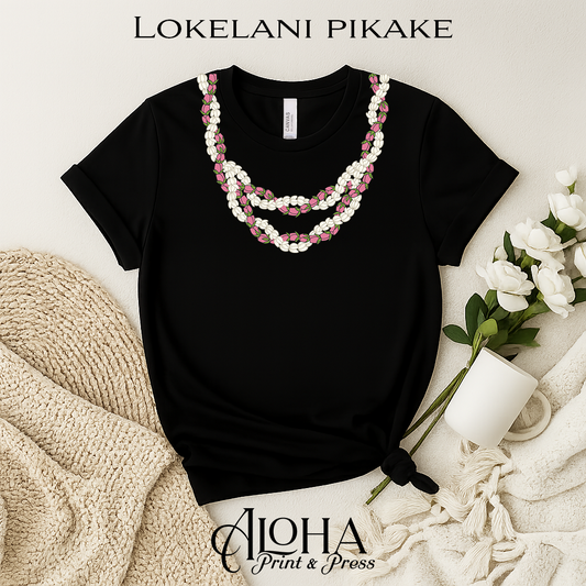 Lokelani Pikake lei shirt black Hawaiian floral t-shirt