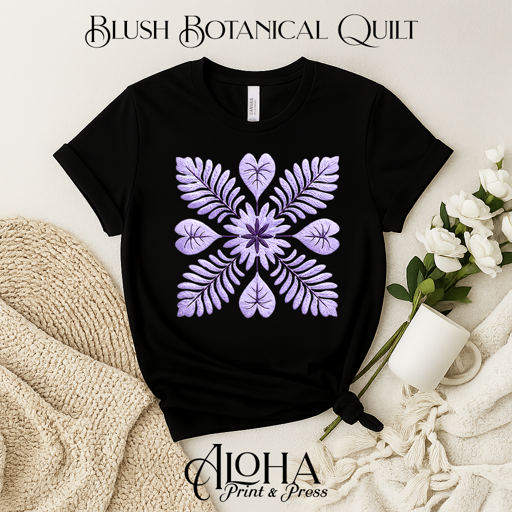 Lavender quilt inspired Hawaiian floral design on black shirt – Oahu printed apparel