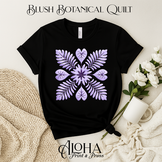 Lavender quilt inspired Hawaiian floral design on black shirt – Oahu printed apparel