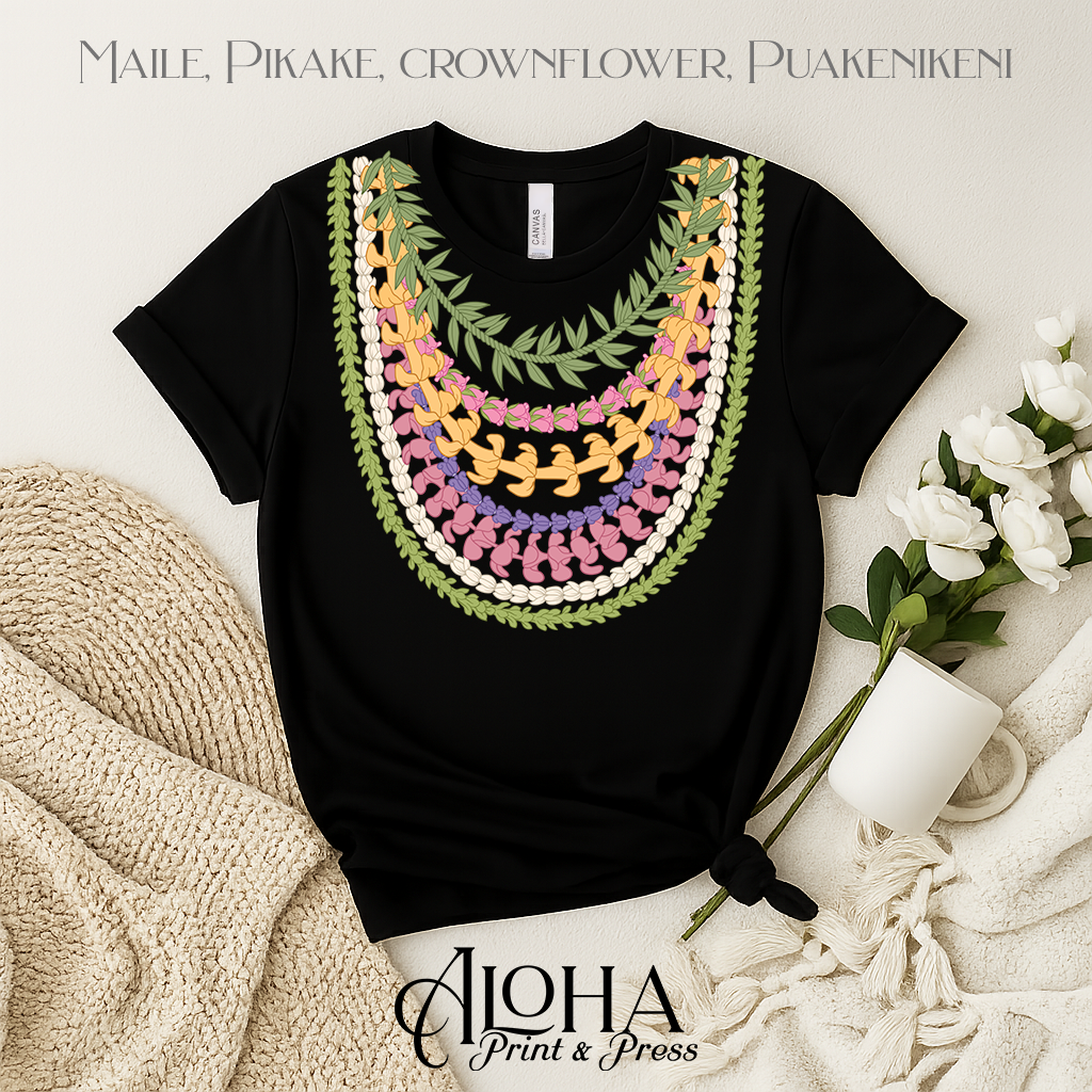 Black Hawaiian lei necklace shirt featuring Maile Pikake Crownflower and Puakenikeni floral design