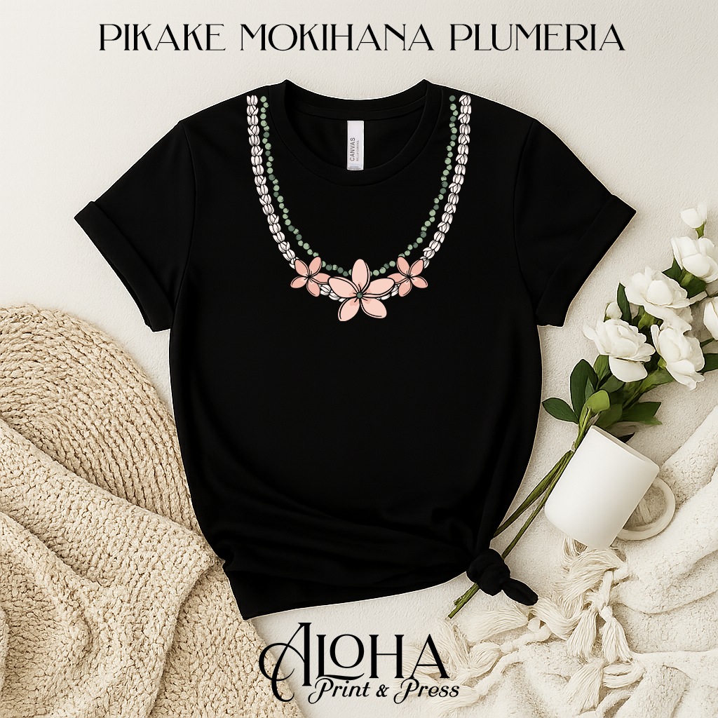 black hawaiian lei necklace shirt pikake mokihana plumeria floral design