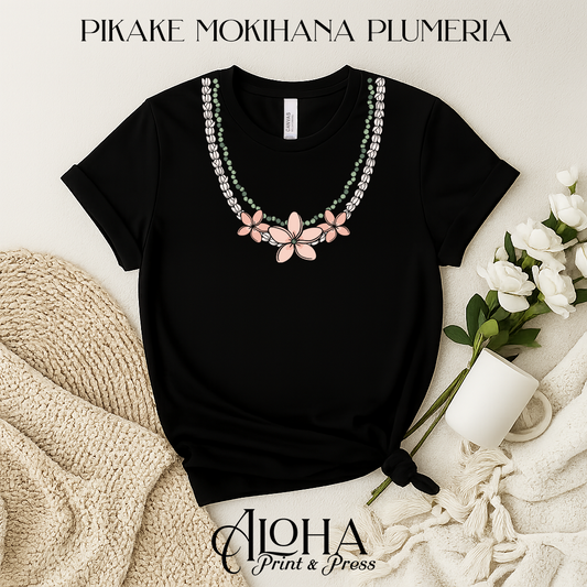 black hawaiian lei necklace shirt pikake mokihana plumeria floral design