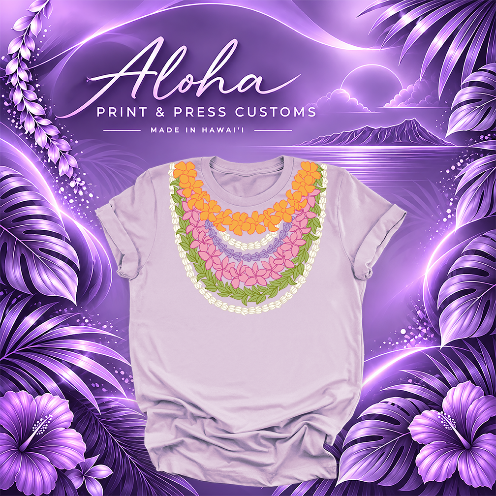 Lilac T-shirt featuring a multi-strand Hawaiian lei design