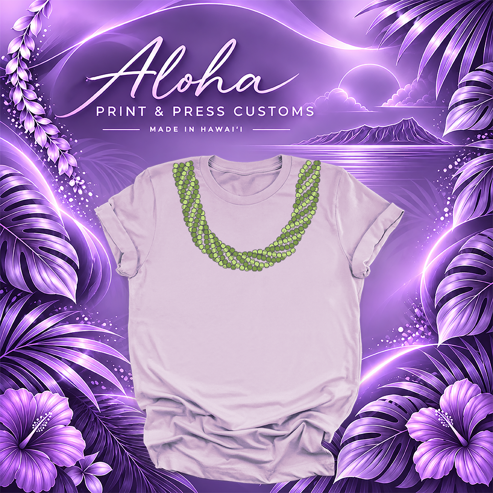 Lilac T-shirt featuring a Mokihana lei design