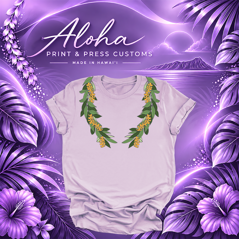 Lilac T-shirt featuring a Maile and Puakenikeni lei design