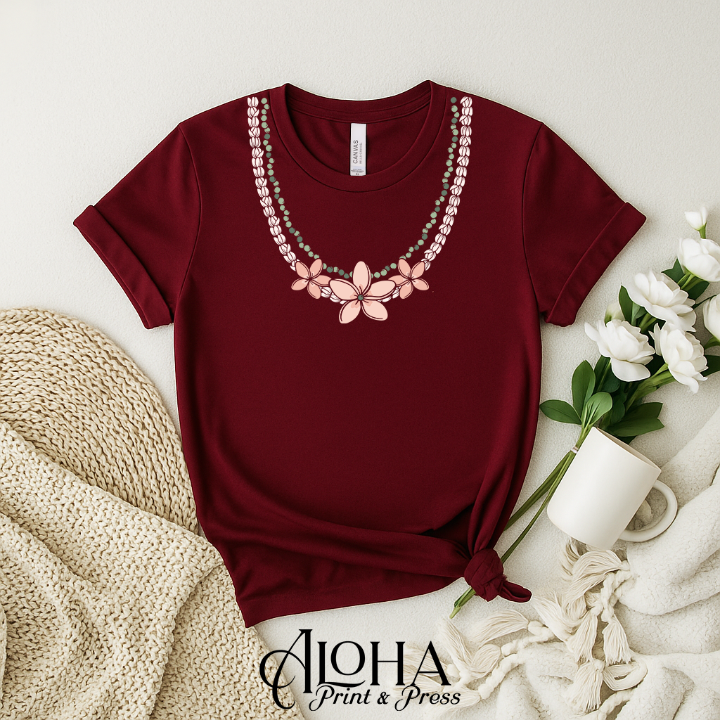 maroon hawaiian floral lei necklace shirt pikake mokihana plumeria design
