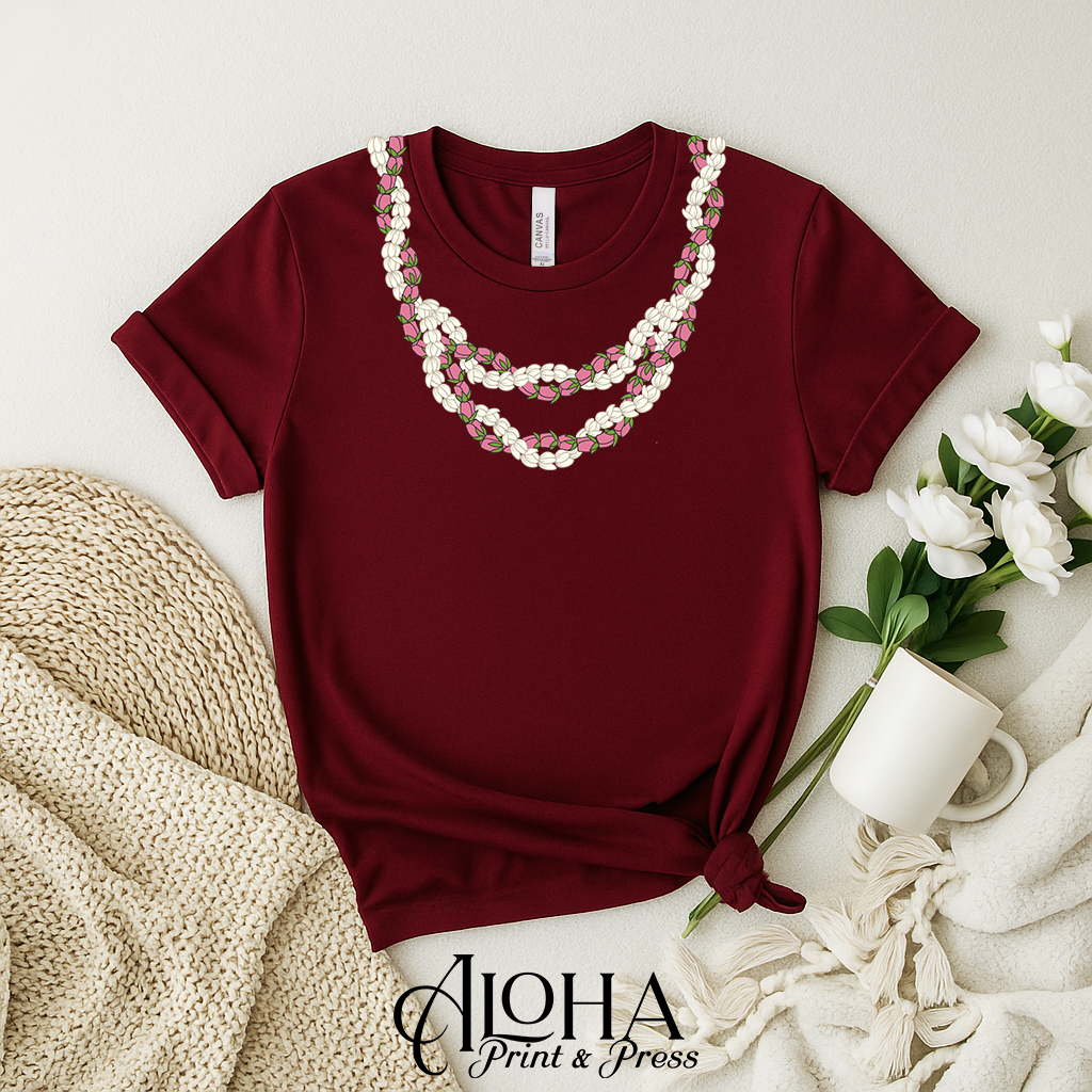 Lokelani Pikake lei shirt maroon Hawaiian lei design