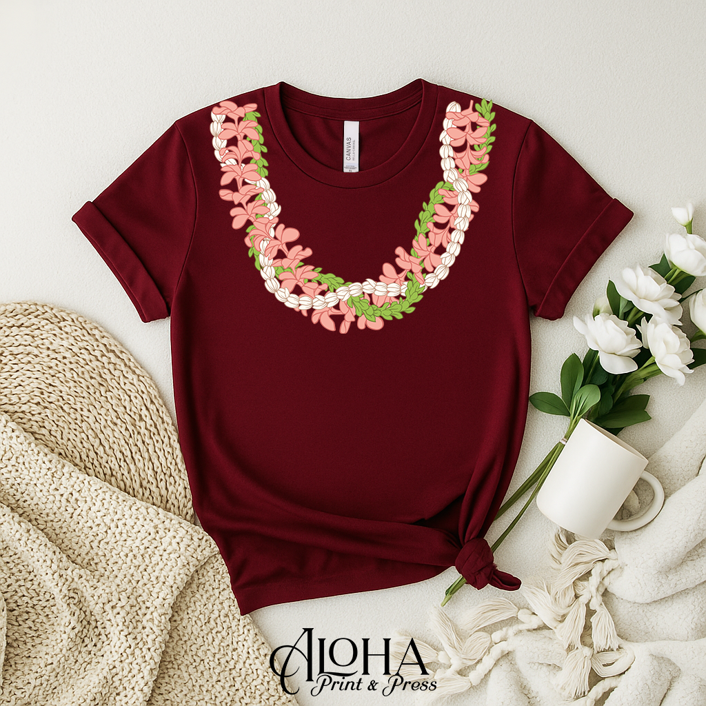 Maroon Hawaiian floral lei graphic tee