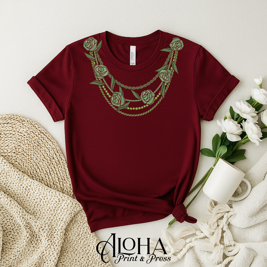 Maile lei necklace Hawaiian floral graphic tee maroon island style shirt