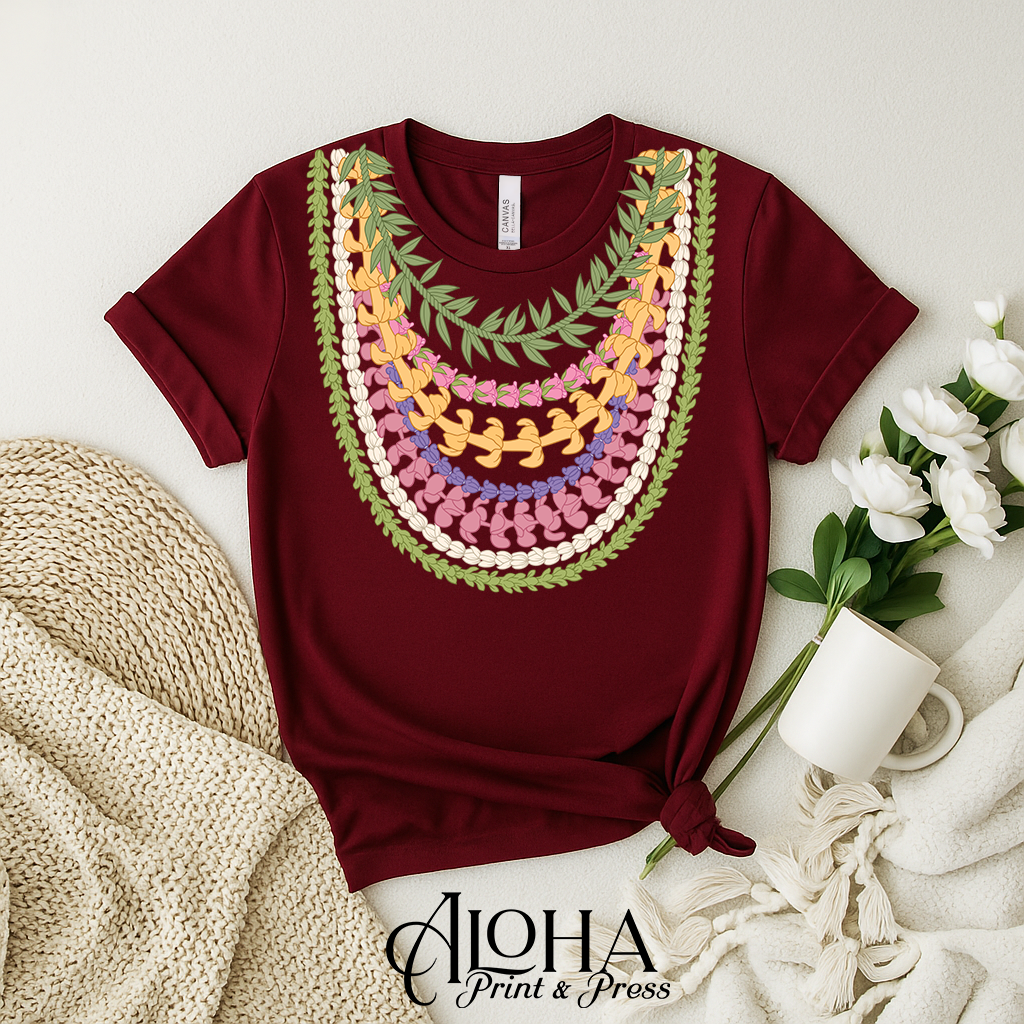 Maroon Hawaiian floral lei shirt with layered Maile Pikake Crownflower Puakenikeni artwork